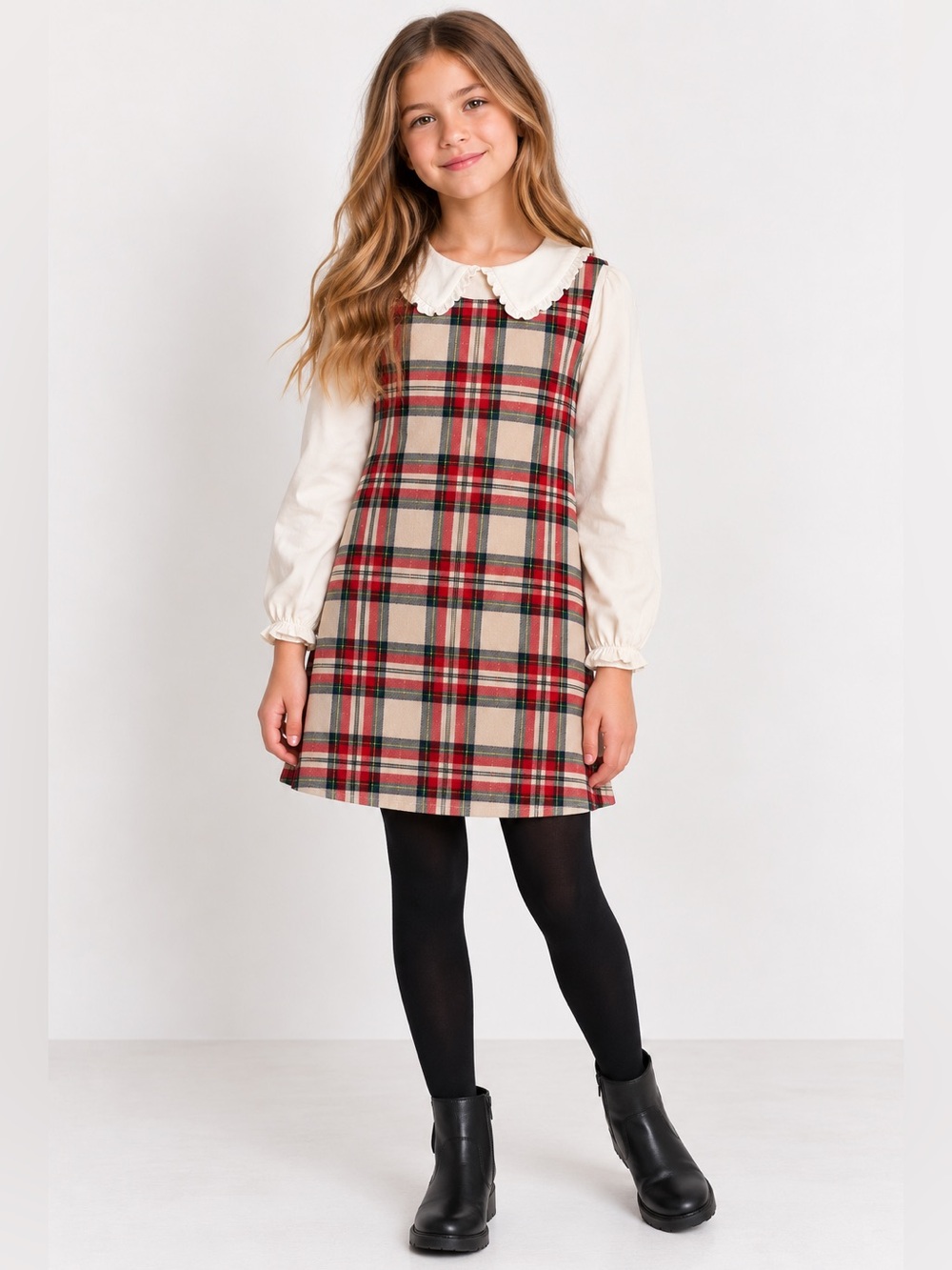 H&M Girls Plaid Christmas Pinafore Dress Set Size 9–10Y